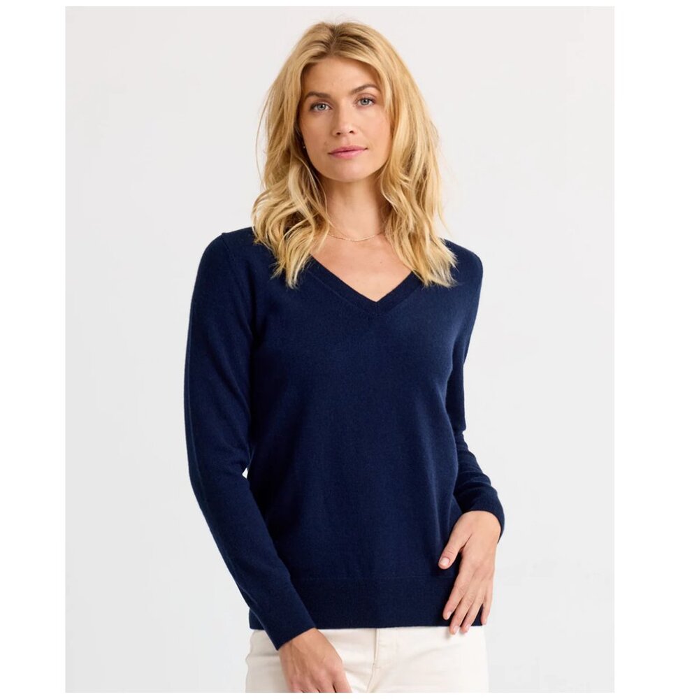 Pura Cashmere Essential Cashmere V-Neck, Navy, Small, NWT!